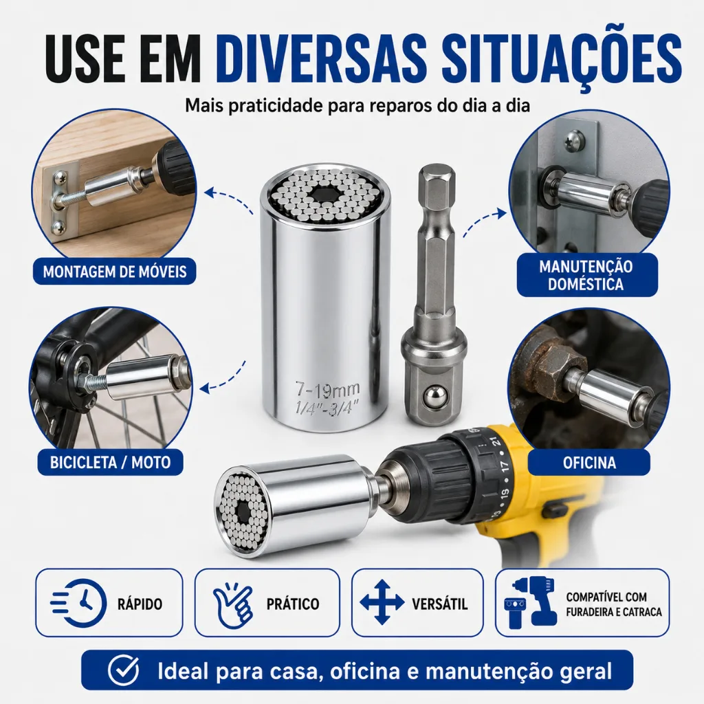 Soquete universal de 7 a 19 mm com adaptador