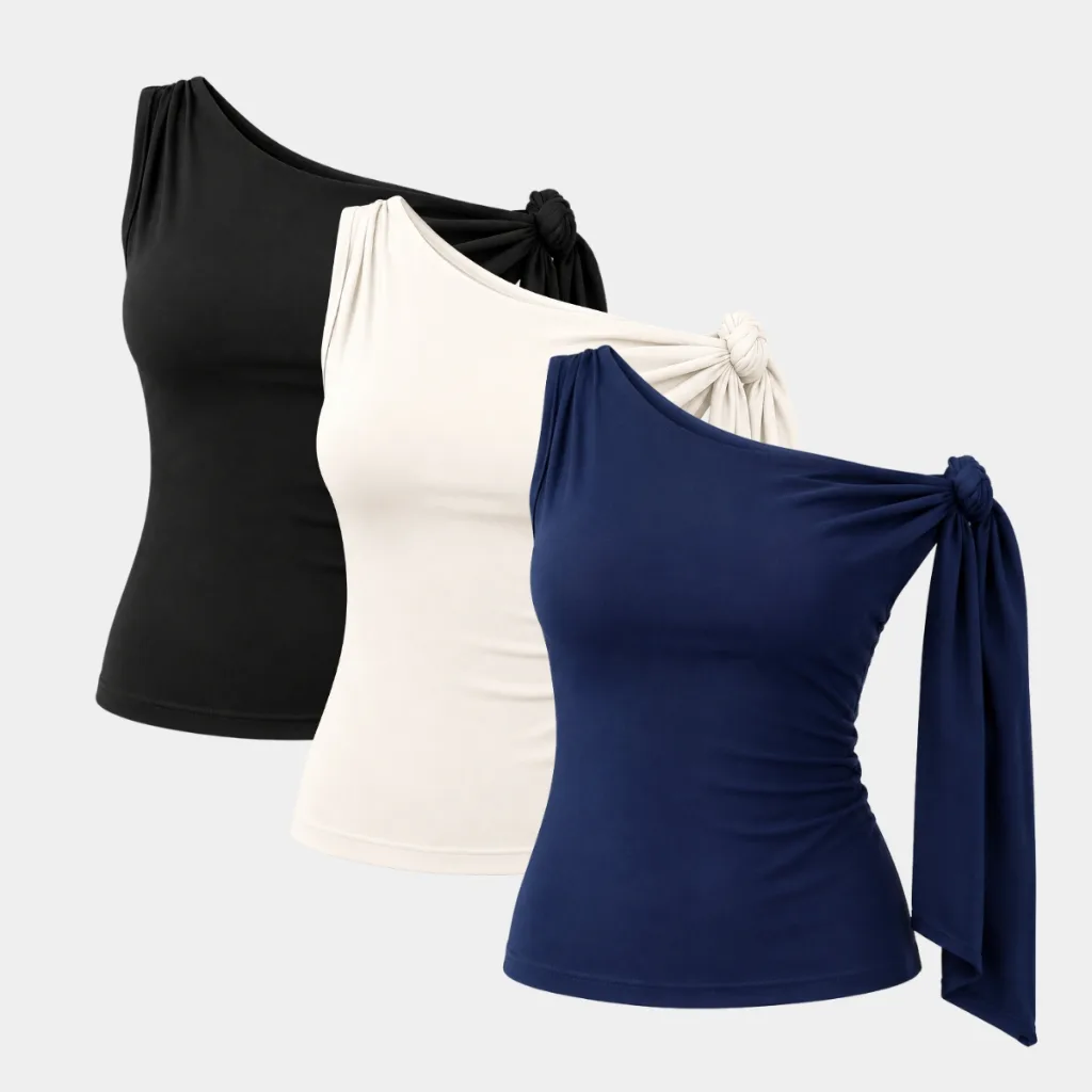 Blusa feminina assimétrica com amarração no ombro