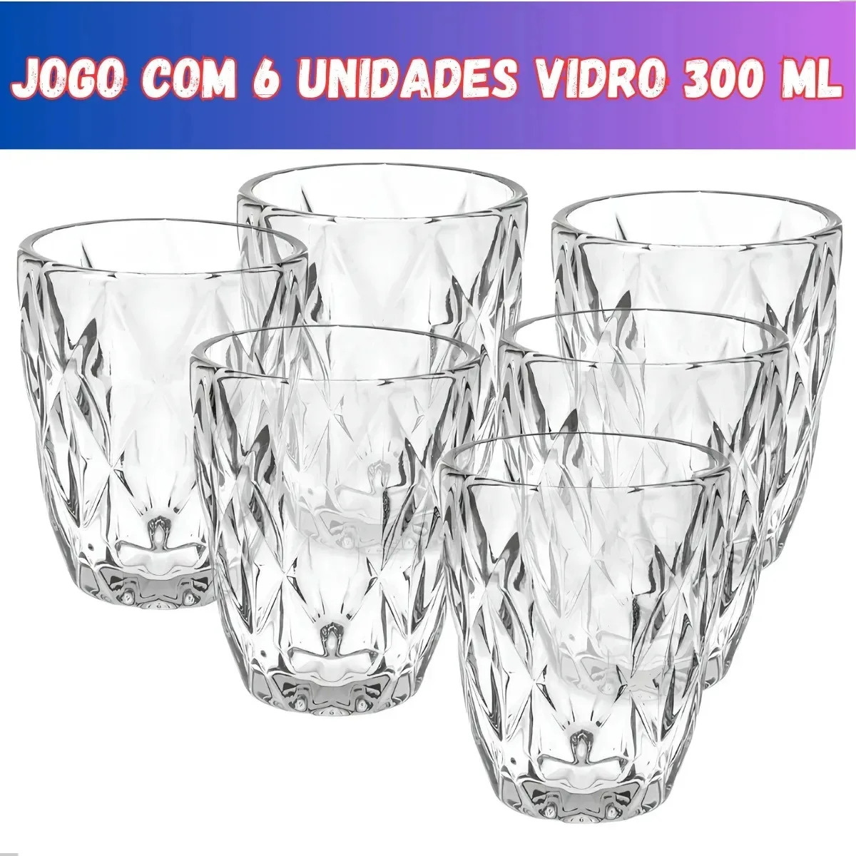 Jogo com 6 copos de vidro Diamante de 300 ml