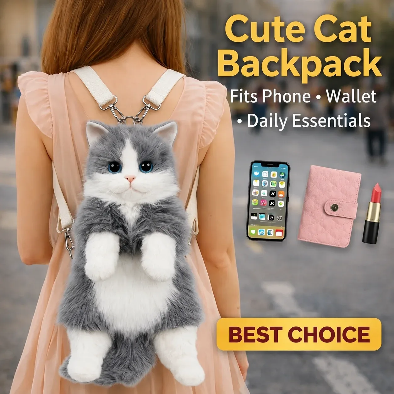 Mochila de pelúcia com estampa de gato