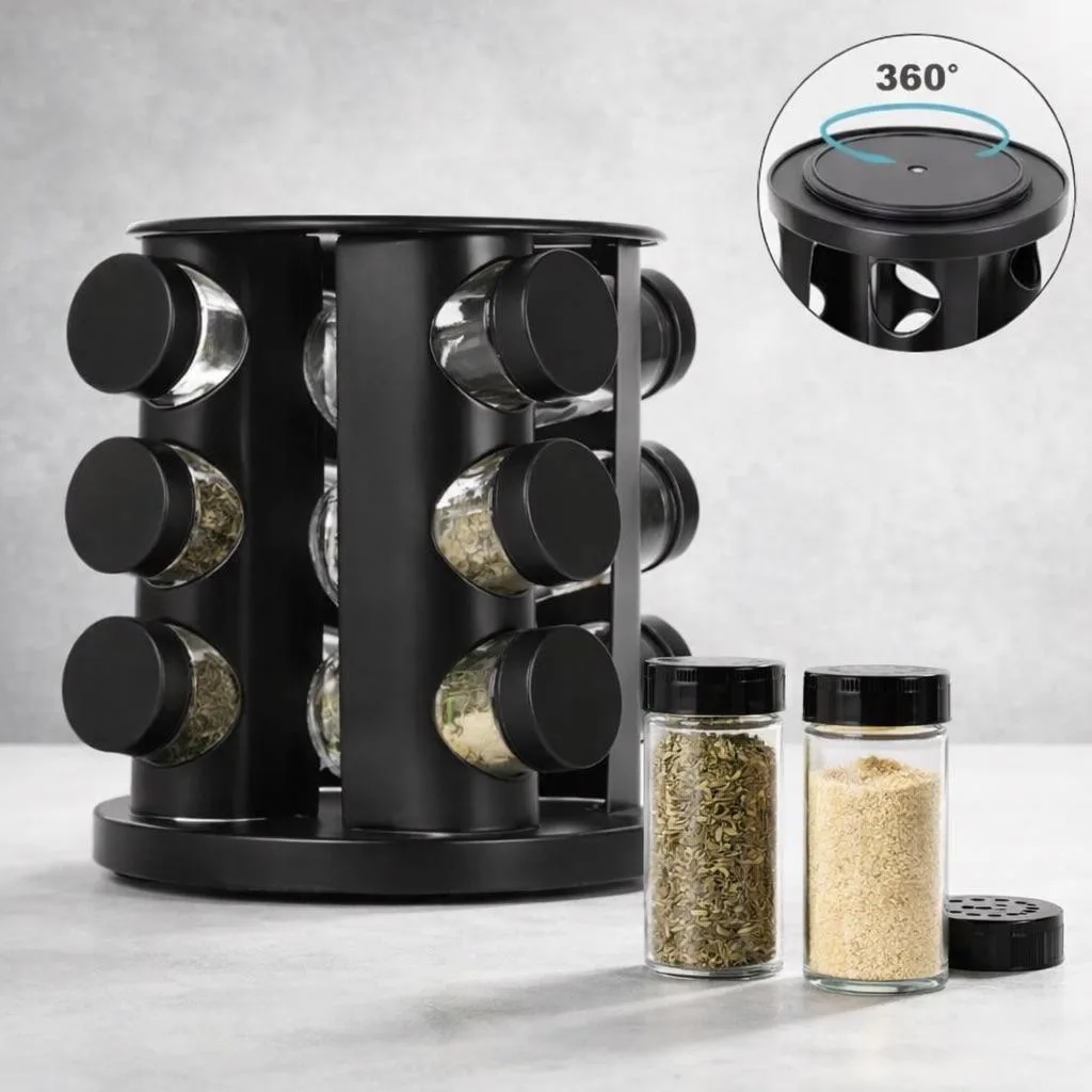 Porta Tempero Giratório Preto com 6/9 Potes de Vidro Reforçado Premium