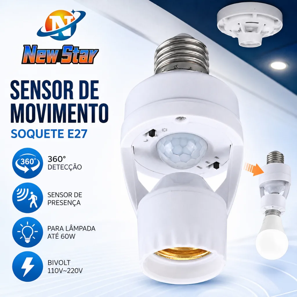 New Star Sensor de Movimento para lâmpada Soquete E27 com sensor de presença Bivolt 110V~220V Max 60W