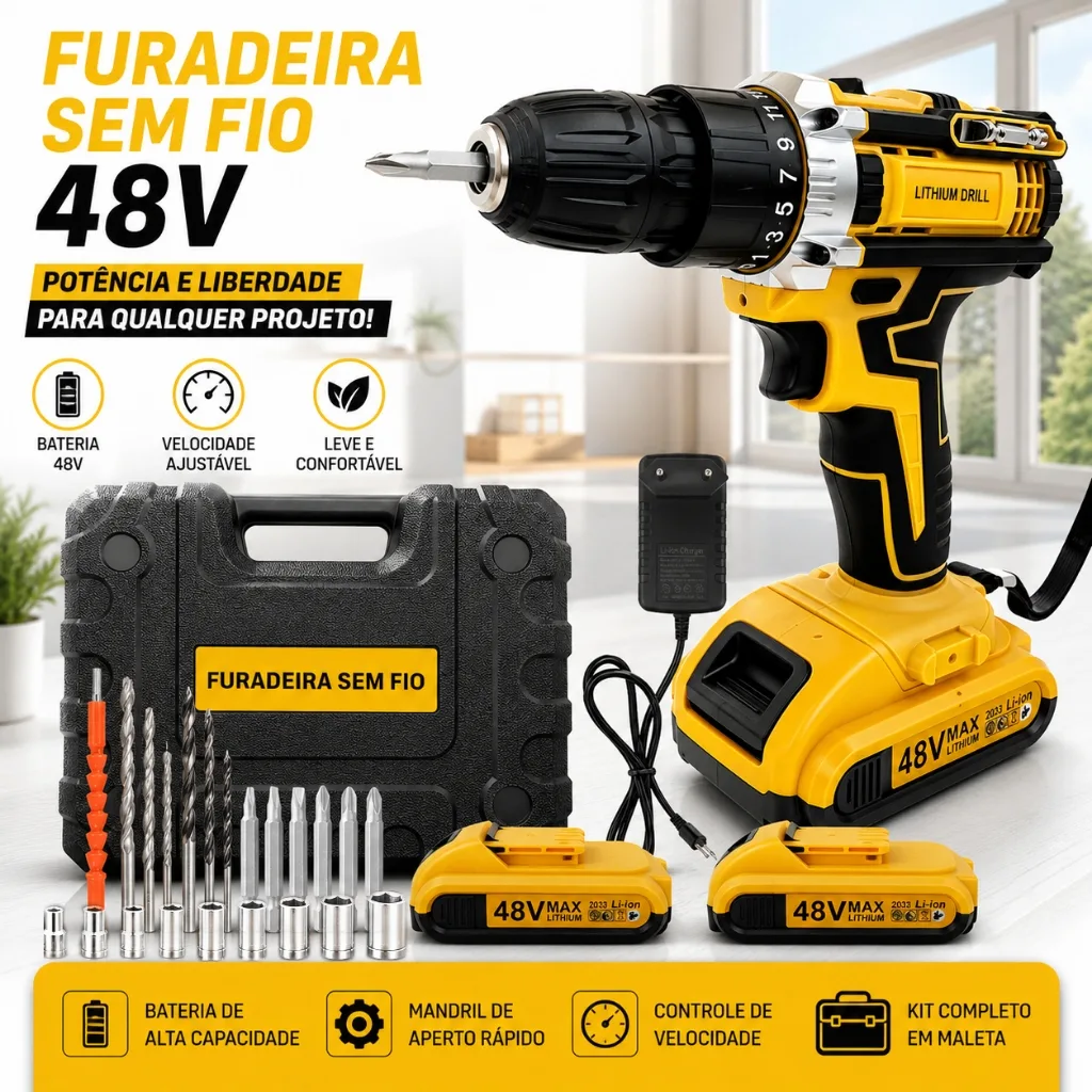 Parafusadeira e furadeira sem fio com duas baterias