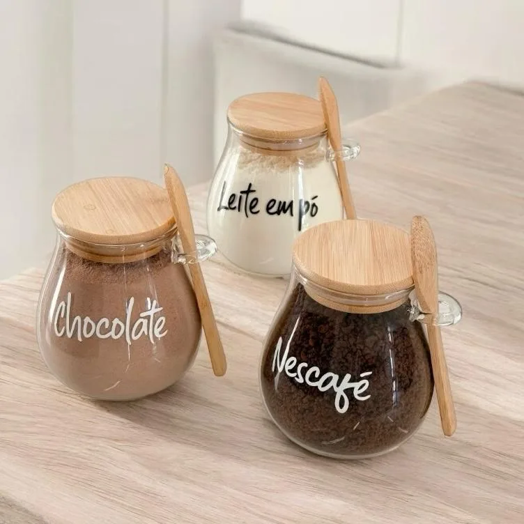 Pote hermético com tampa e colher de bambu personalizado 410 ml