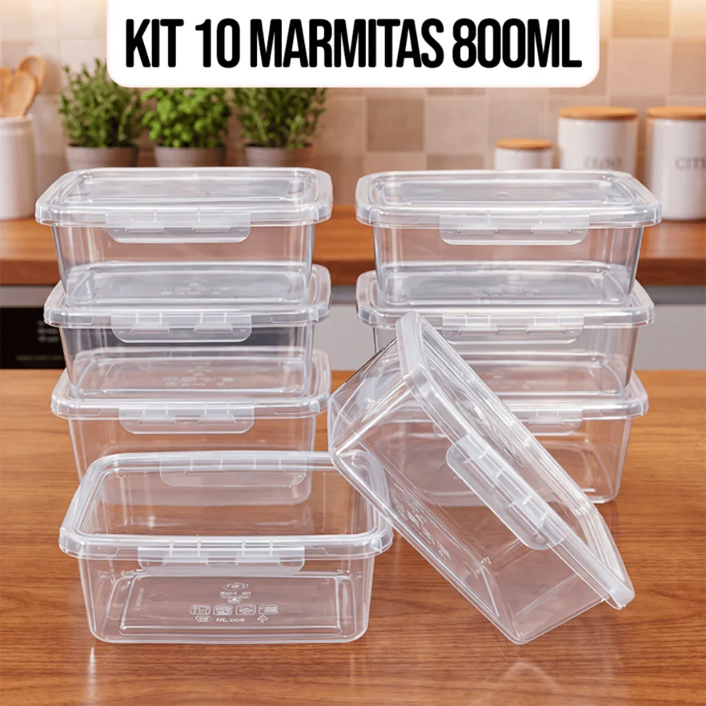 Kit 10 Marmitas Potes 800ml com Travas Laterais Herméticas - KAZIVA