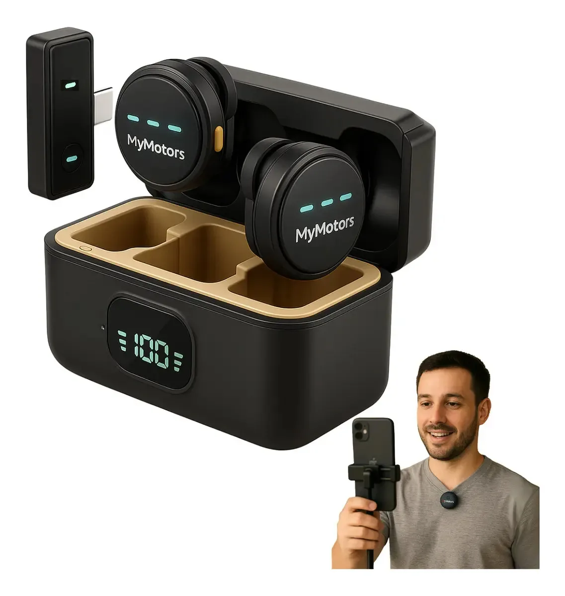 Microfone de lapela sem fio Mymotors com USB-C