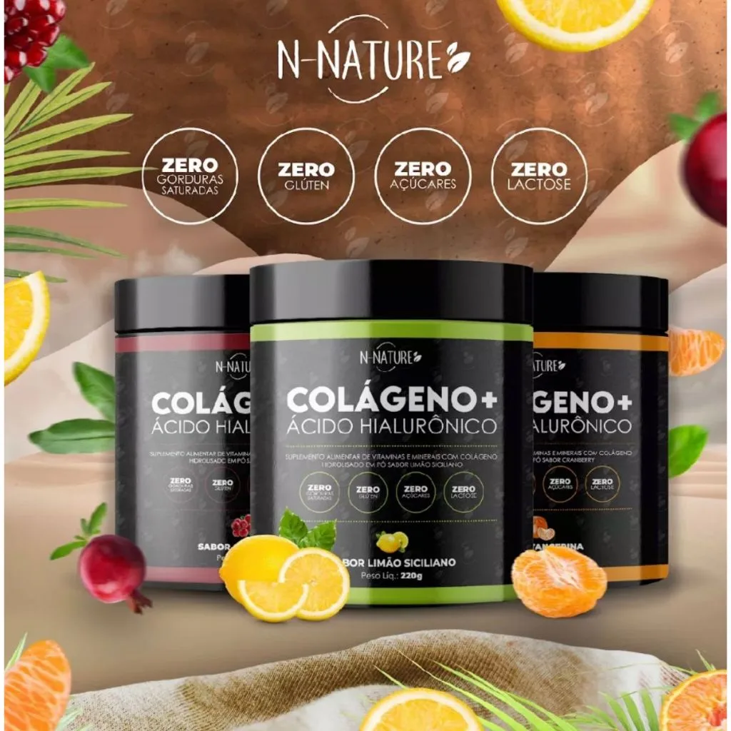 Kit com três potes de colágeno e ácido hialurônico