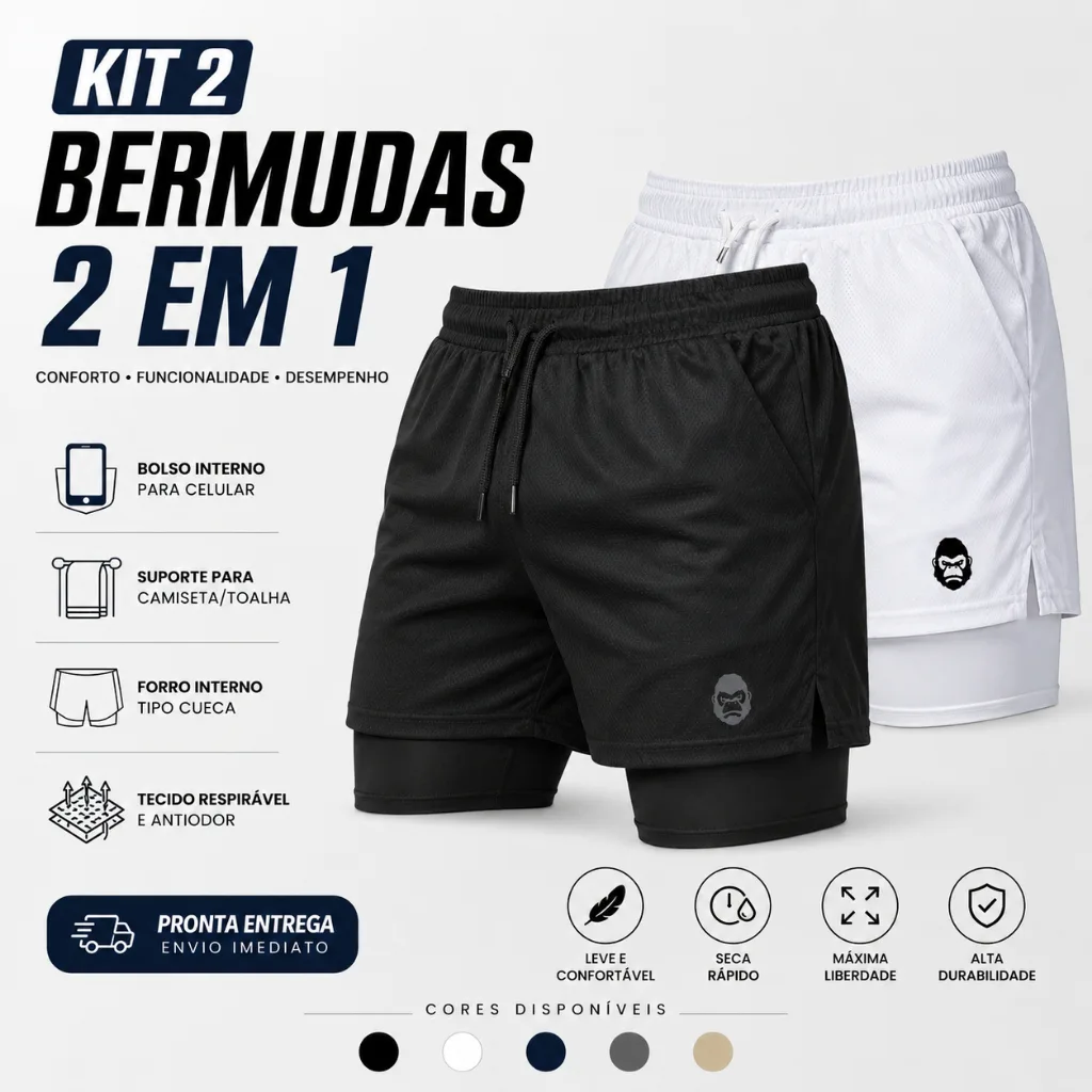 Kit 2 Shorts Masculino Kong 2 em 1 com Compressão, Bolso para Celular e Tecido Dry Fit