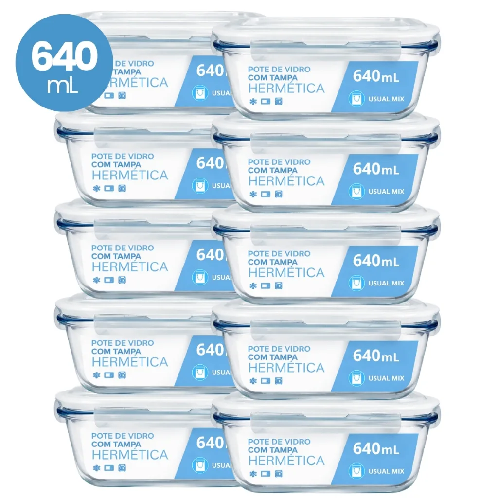 Kit com 10 potes de vidro herméticos de 640 ml