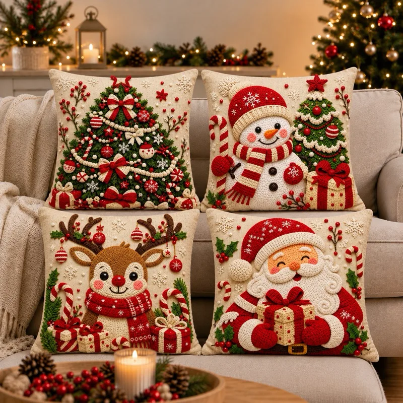 Kit 4 Capas de Almofadas Decorativas Natal Papai Noel, Boneco de Neve, Feliz Natal e Rena