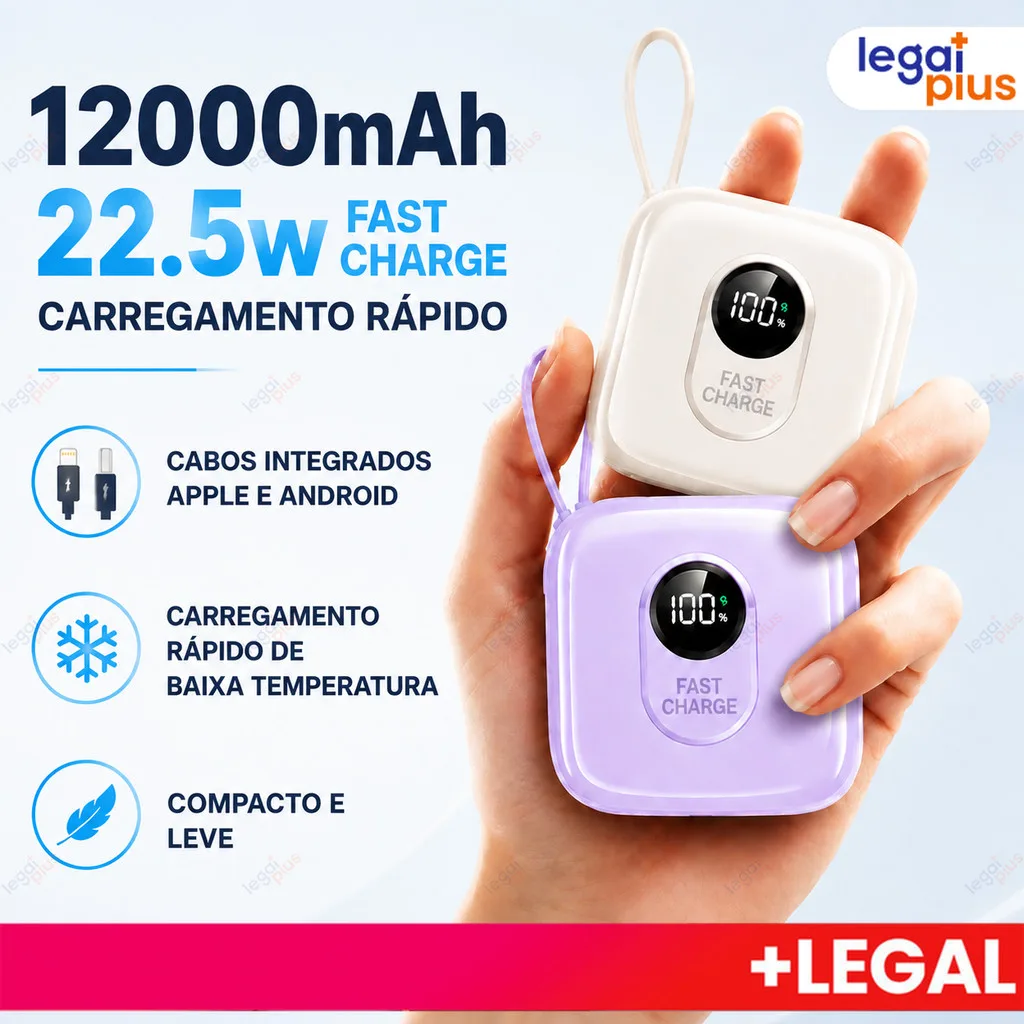 Carregador portátil de 12000 mAh com cabos integrados