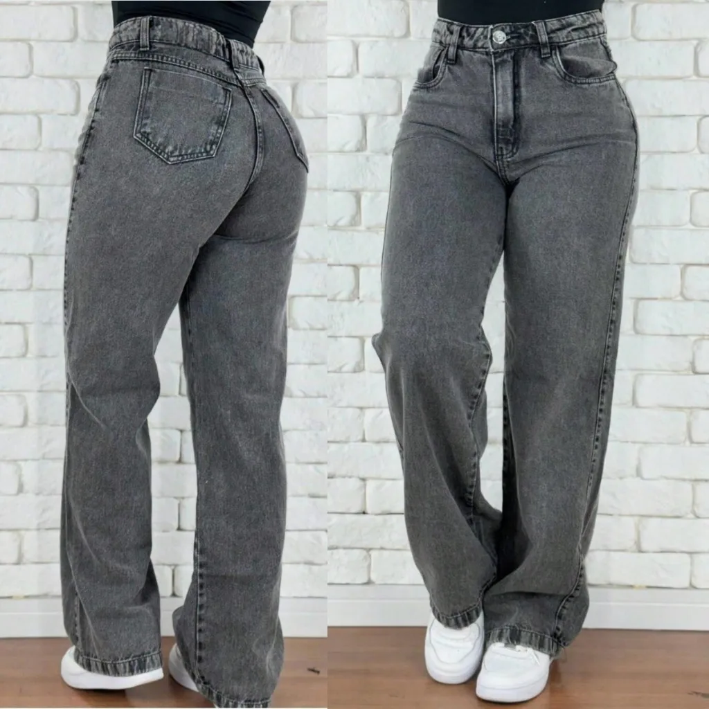 Calça Jeans Feminina Wide Leg Marmorizada Cintura Alta Empina Bumbum