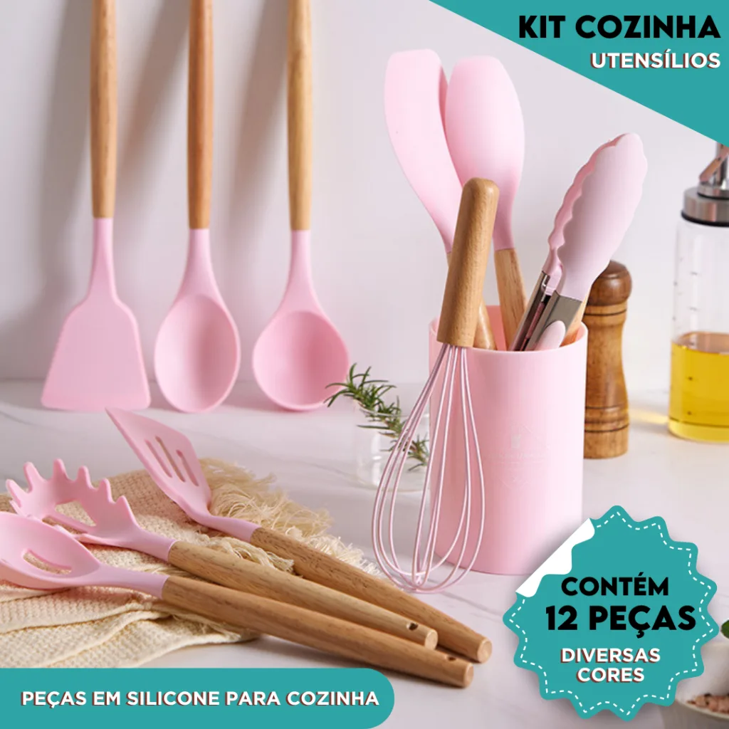 Kit Utensílios de Cozinha Com 4 5 ou 12 Peças em Silicone com Cabo de Madeira Completo - CH