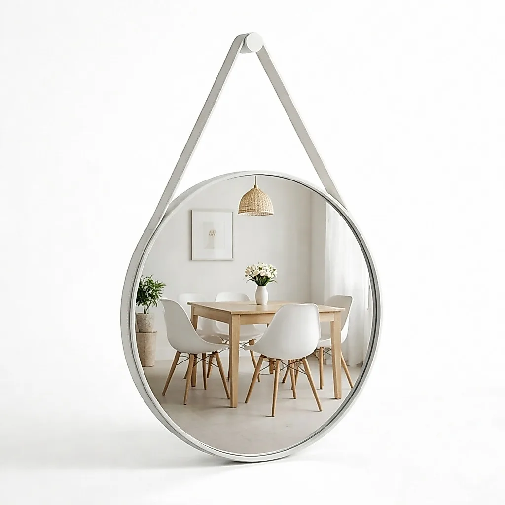 Espelho redondo decorativo Adnet com alça de couro