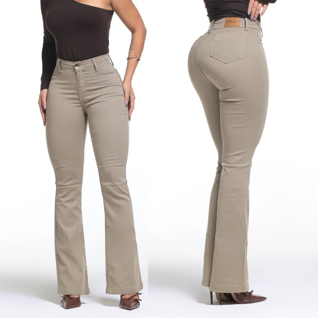 Calça feminina flare bege com elastano
