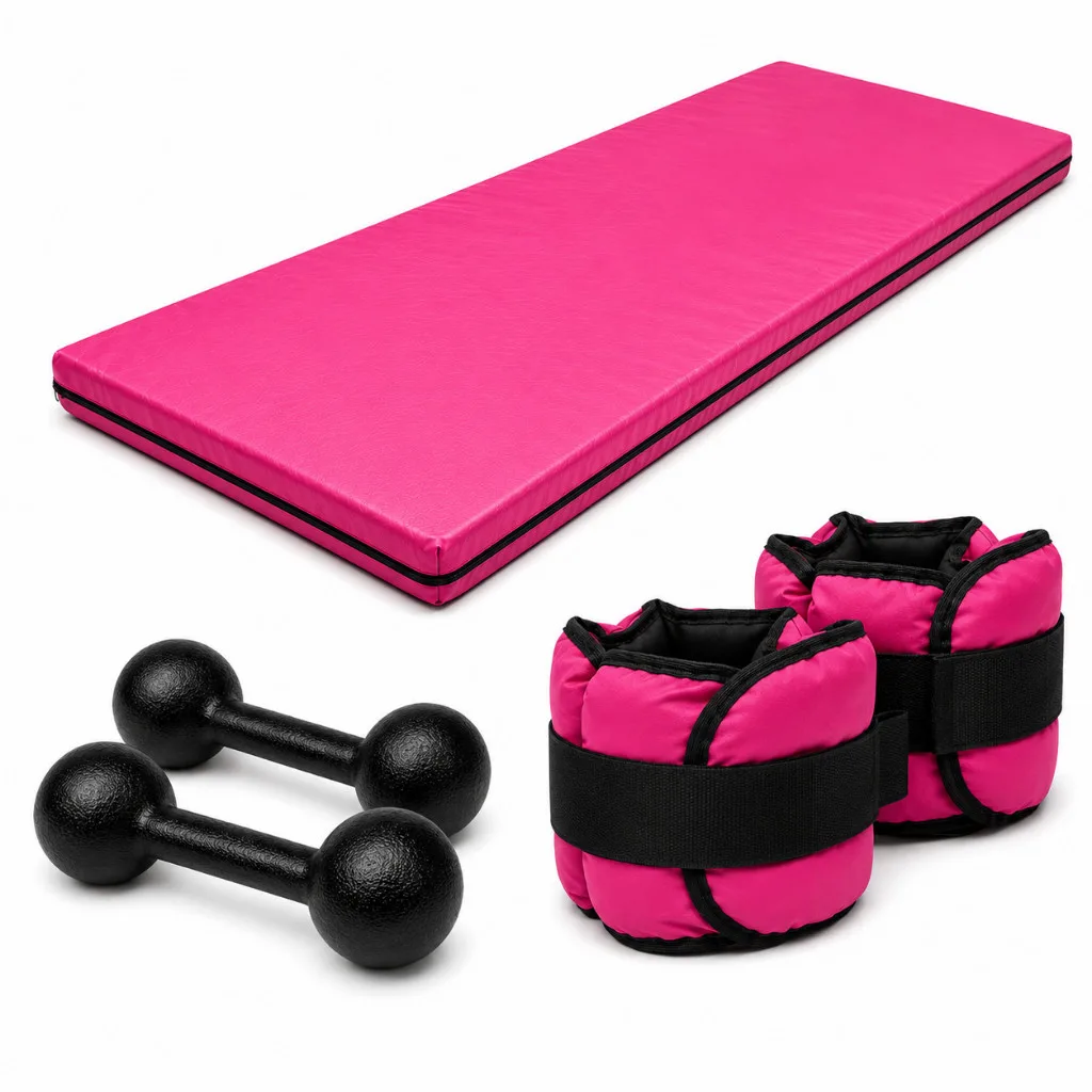 Kit Fitness Completo Colchonete Rosa + Par 1kg Halter Bola + Par 1kg Caneleira Rosa
