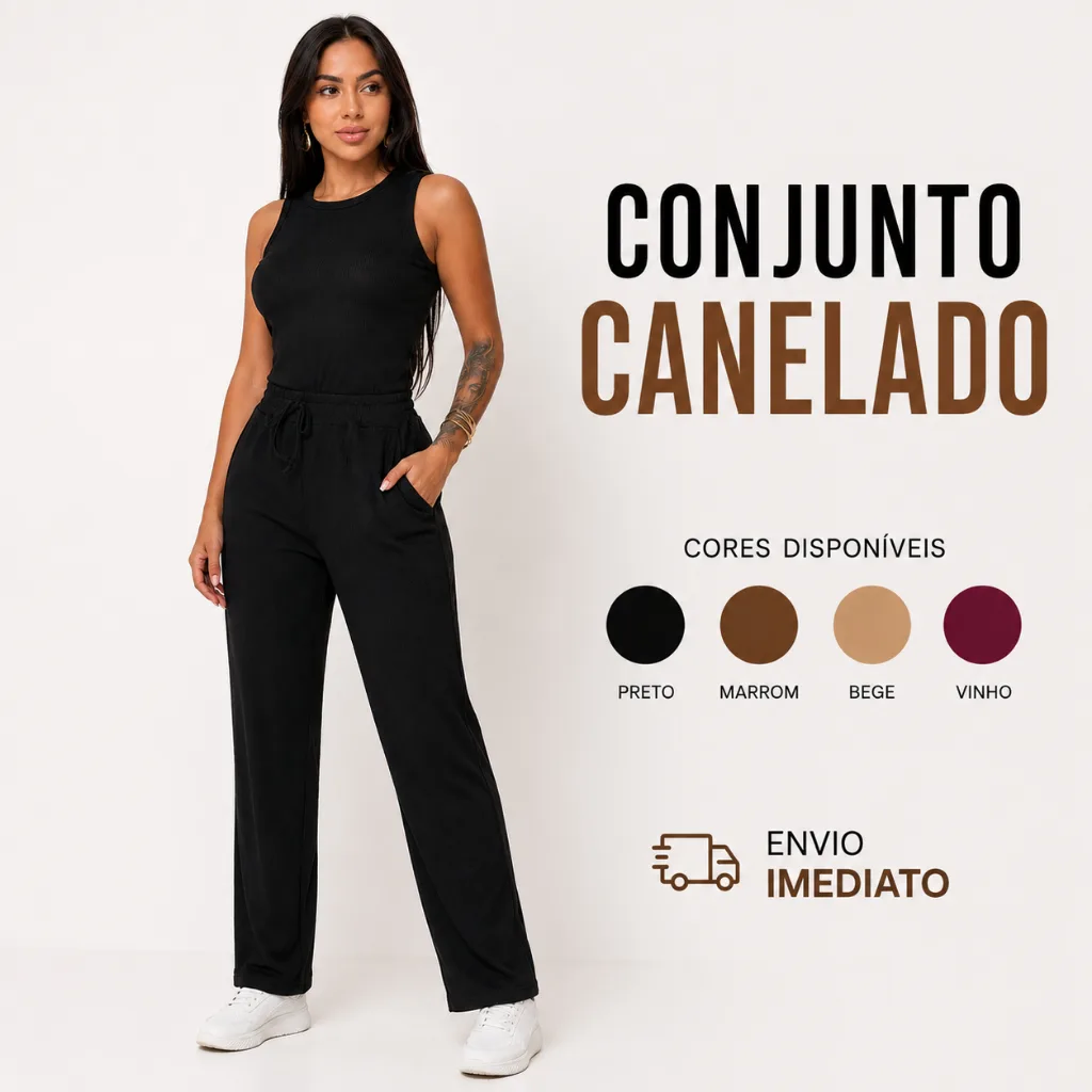 Conjunto feminino canelado com calça wide leg