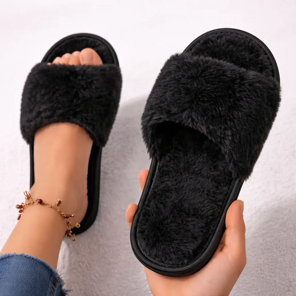Pantufa feminina aberta de pelúcia