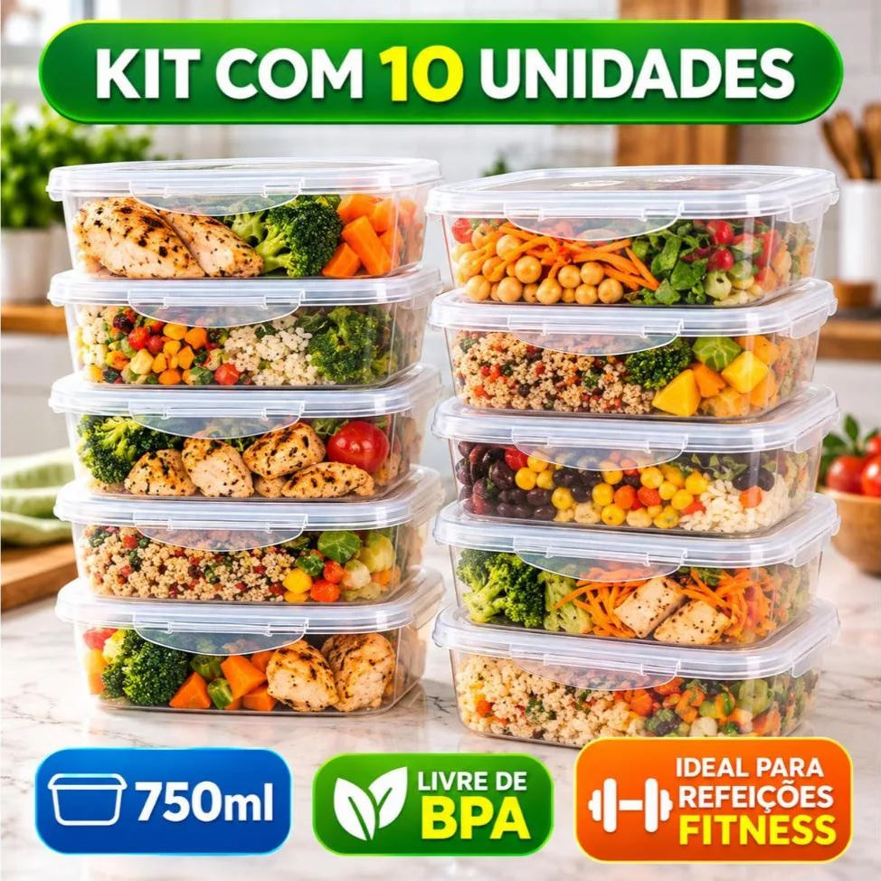 Kit com 10 potes herméticos de 750 ml