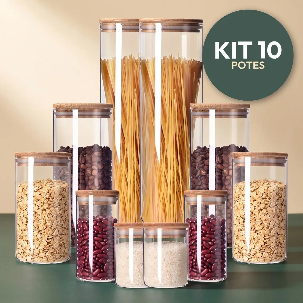 Kit de potes de vidro com tampa de bambu
