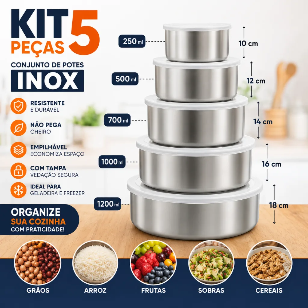 Kit com 5 potes de inox para cozinha