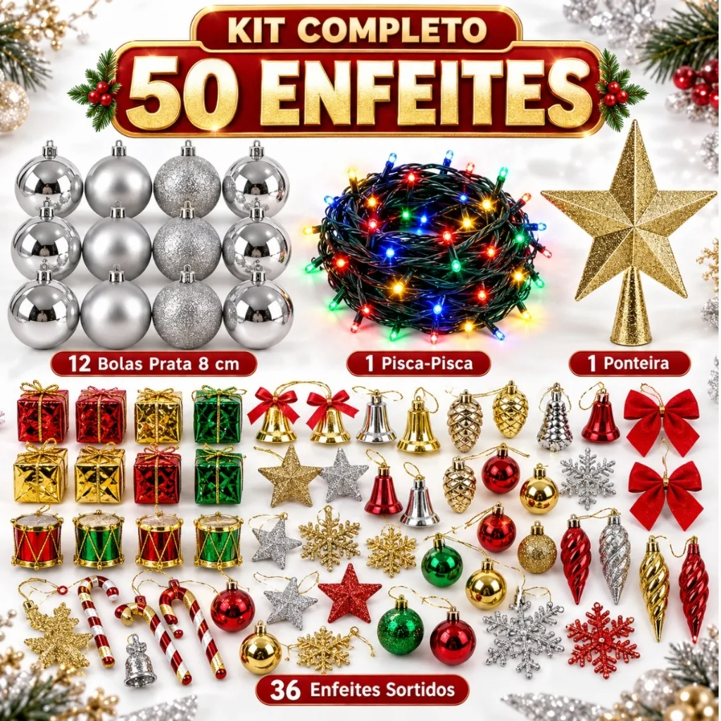 Kit com 50 enfeites natalinos para árvore