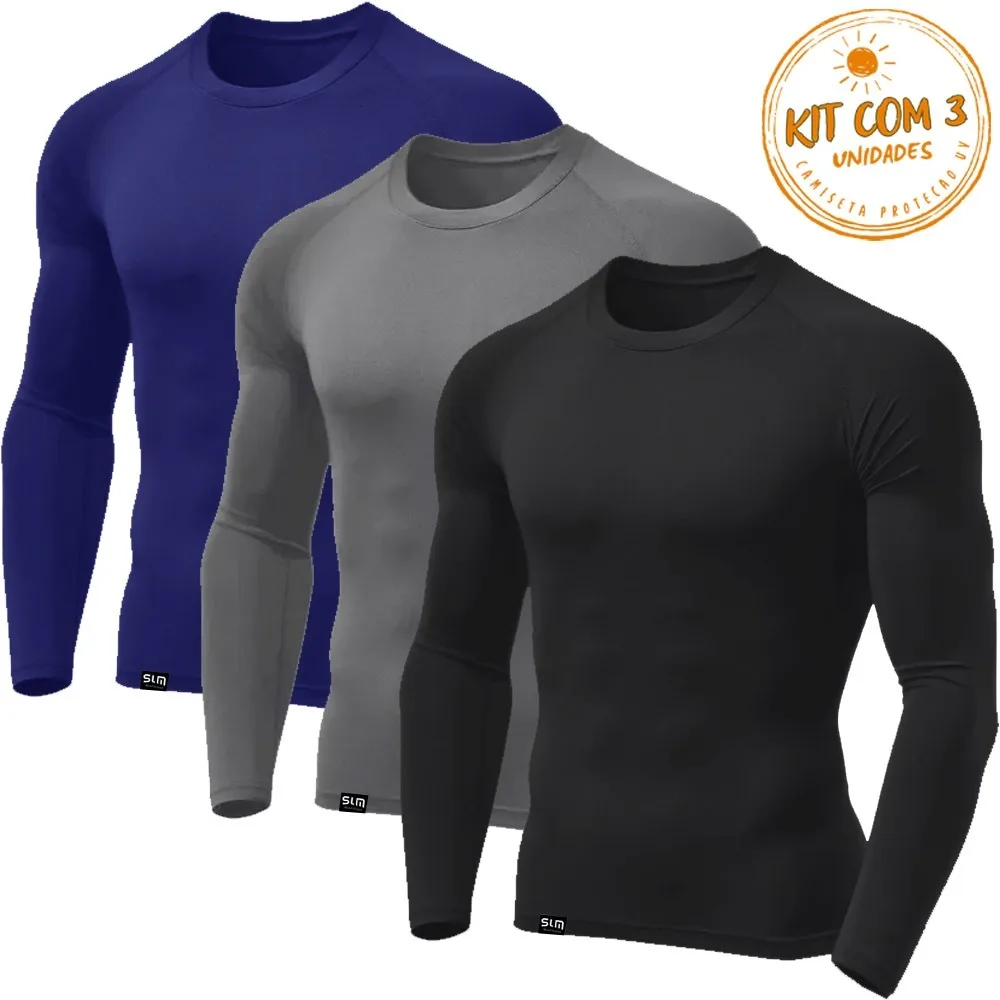 Kit 3 Camisetas Masculinas Segunda Pele Proteção UV Térmica