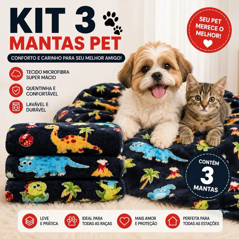 Kit com 3 mantas para cães e gatos