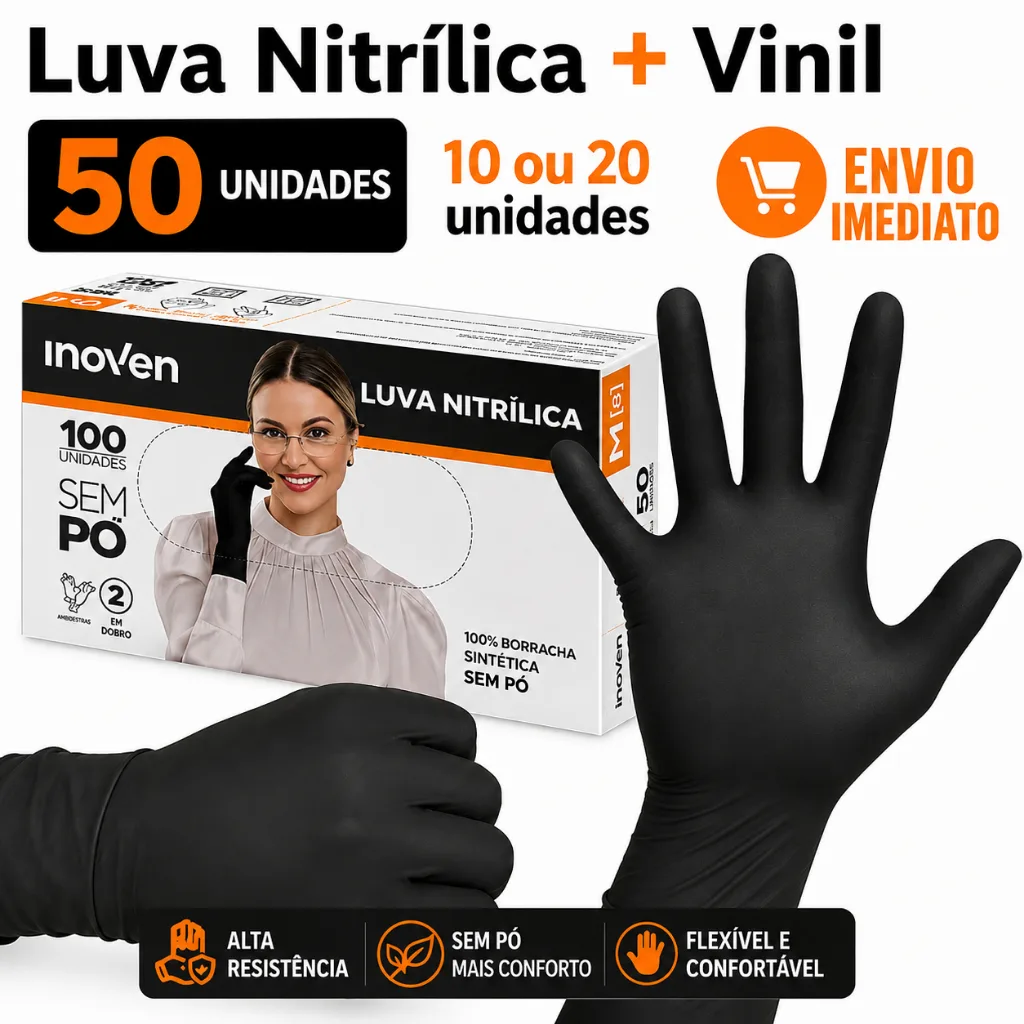 Luva descartável preta de vinil nitrílico