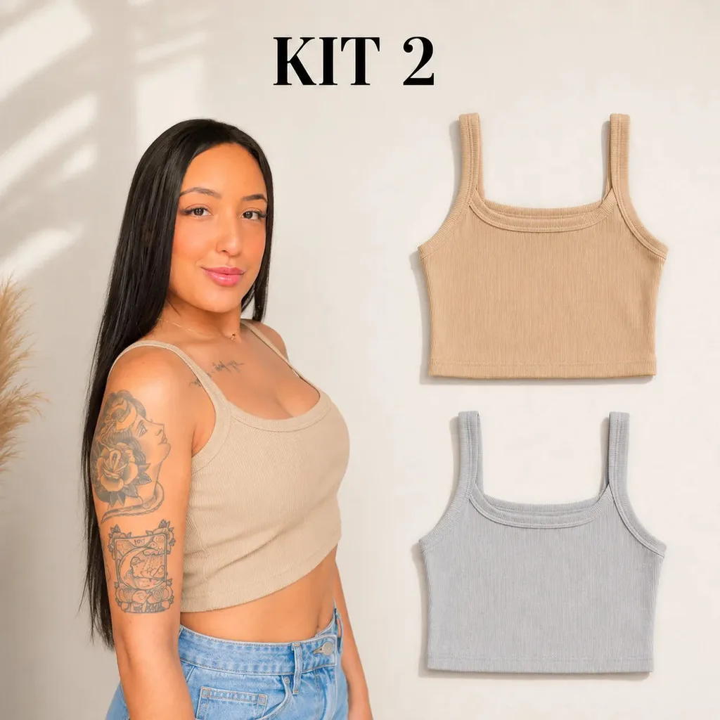 Kit 2 Regata Top/Cropped Feminina Canelada Forrada Basic Mod