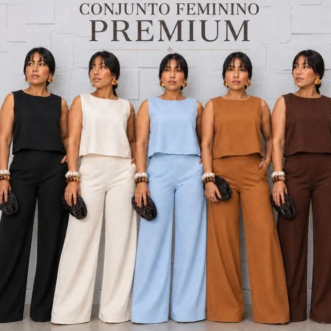 Conjunto feminino de linho com calça e blusa