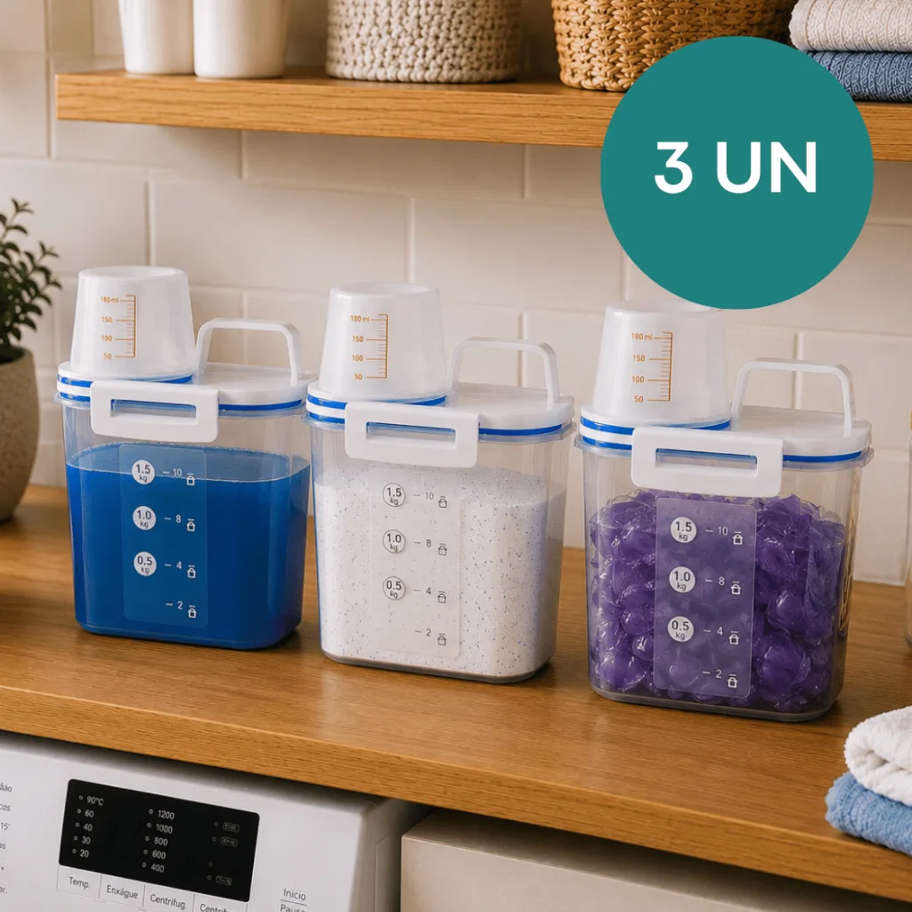 Kit com 3 potes herméticos de 1,5 L para lavanderia