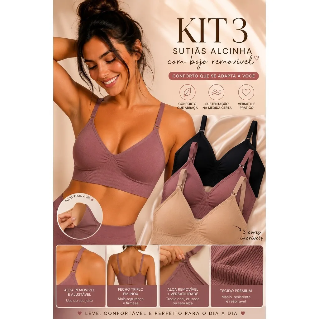 Kit com 3 sutiãs femininos sem costura