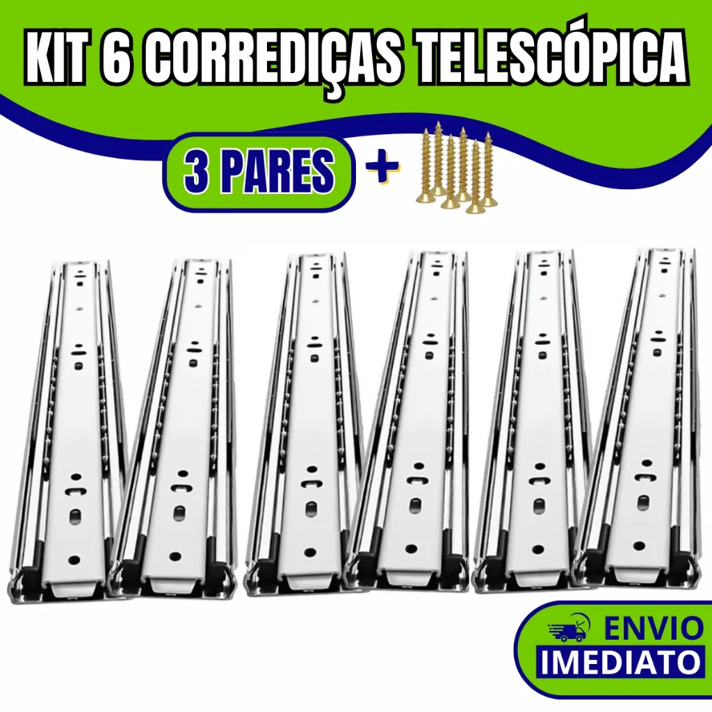 Kit com 6 corrediças telescópicas para gaveta