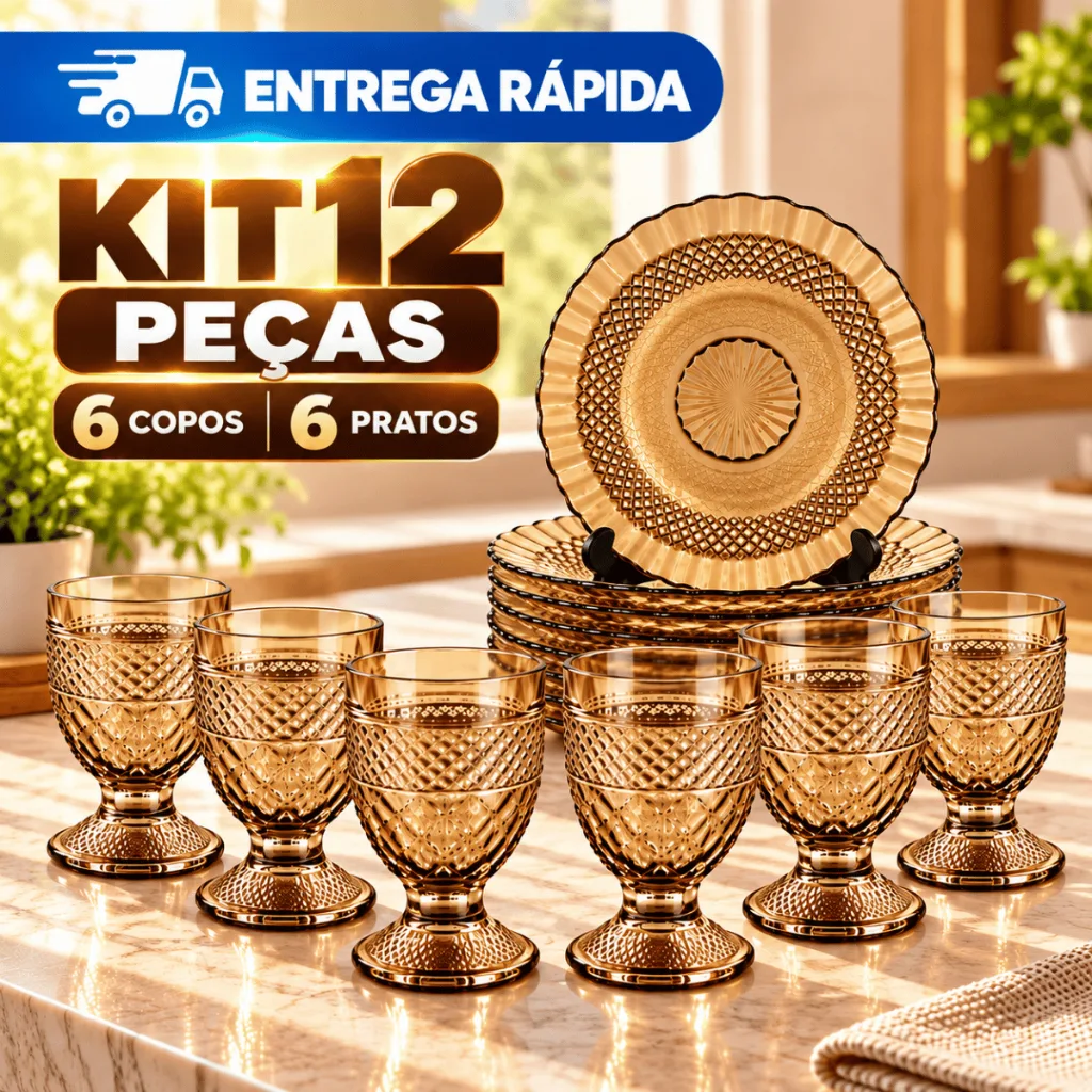 Jogo de mesa com pratos e taças de vidro âmbar