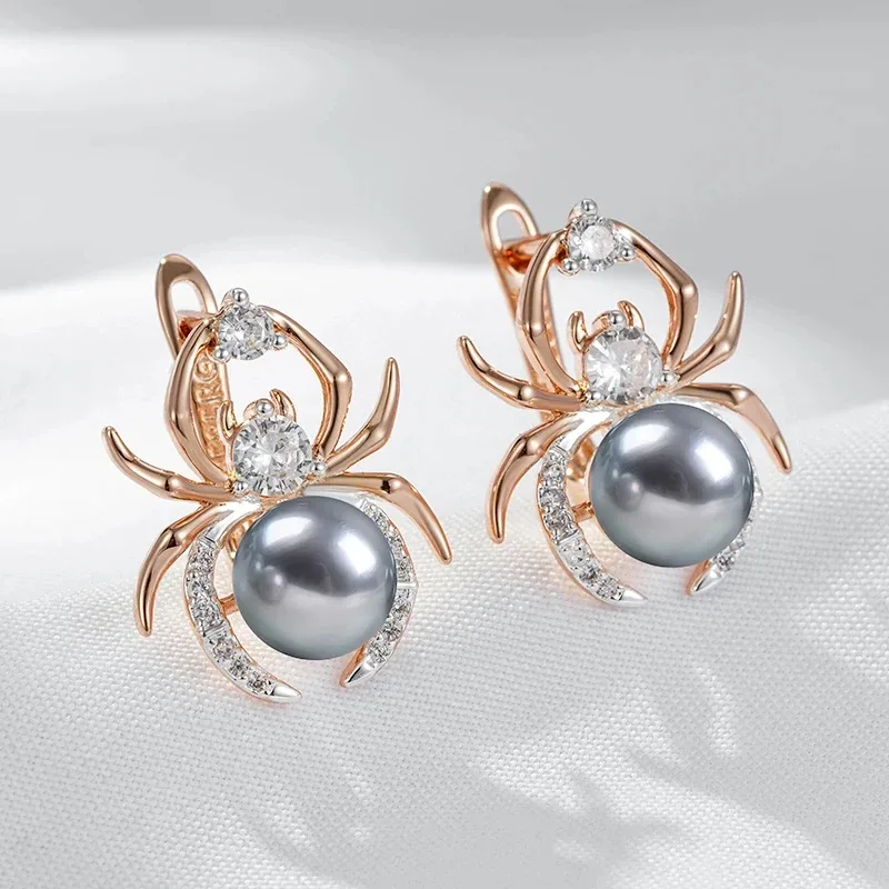 Brincos de gota com aranha e pérola cinza