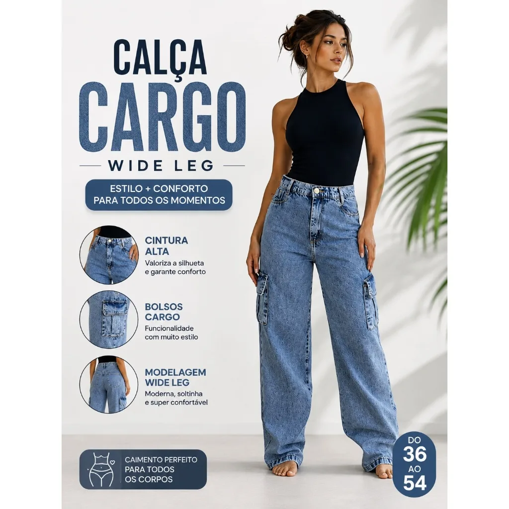 Calça cargo wide leg feminina jeans