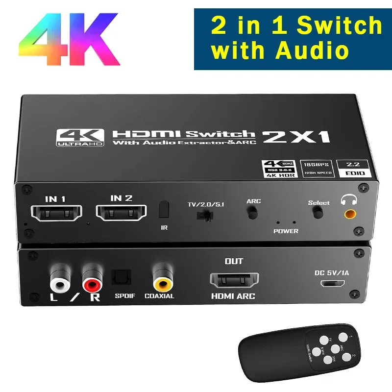 Extrator de áudio HDMI 4K com comutação 2 em 1