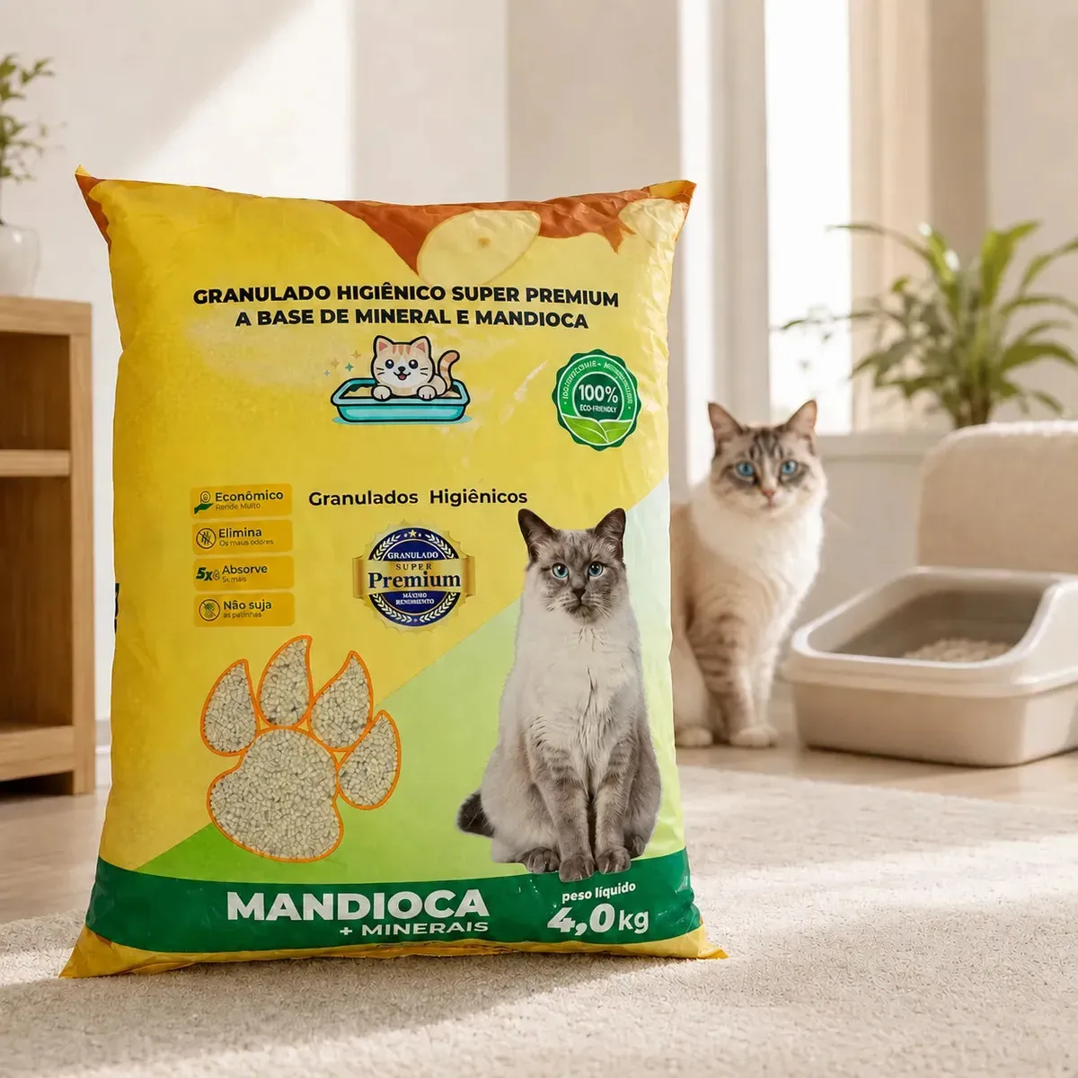 Areia higiênica para gatos de mandioca com 4 kg