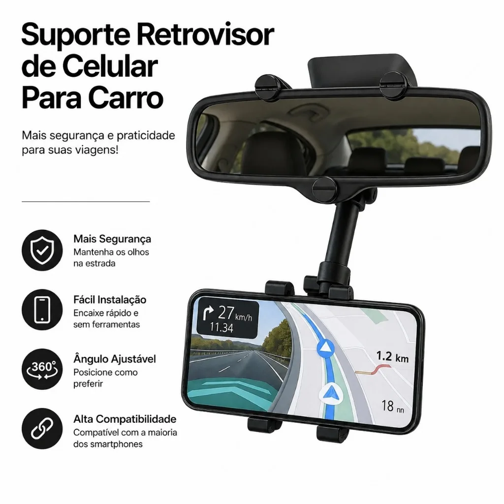 Suporte de celular para retrovisor de carro com giro 360 graus