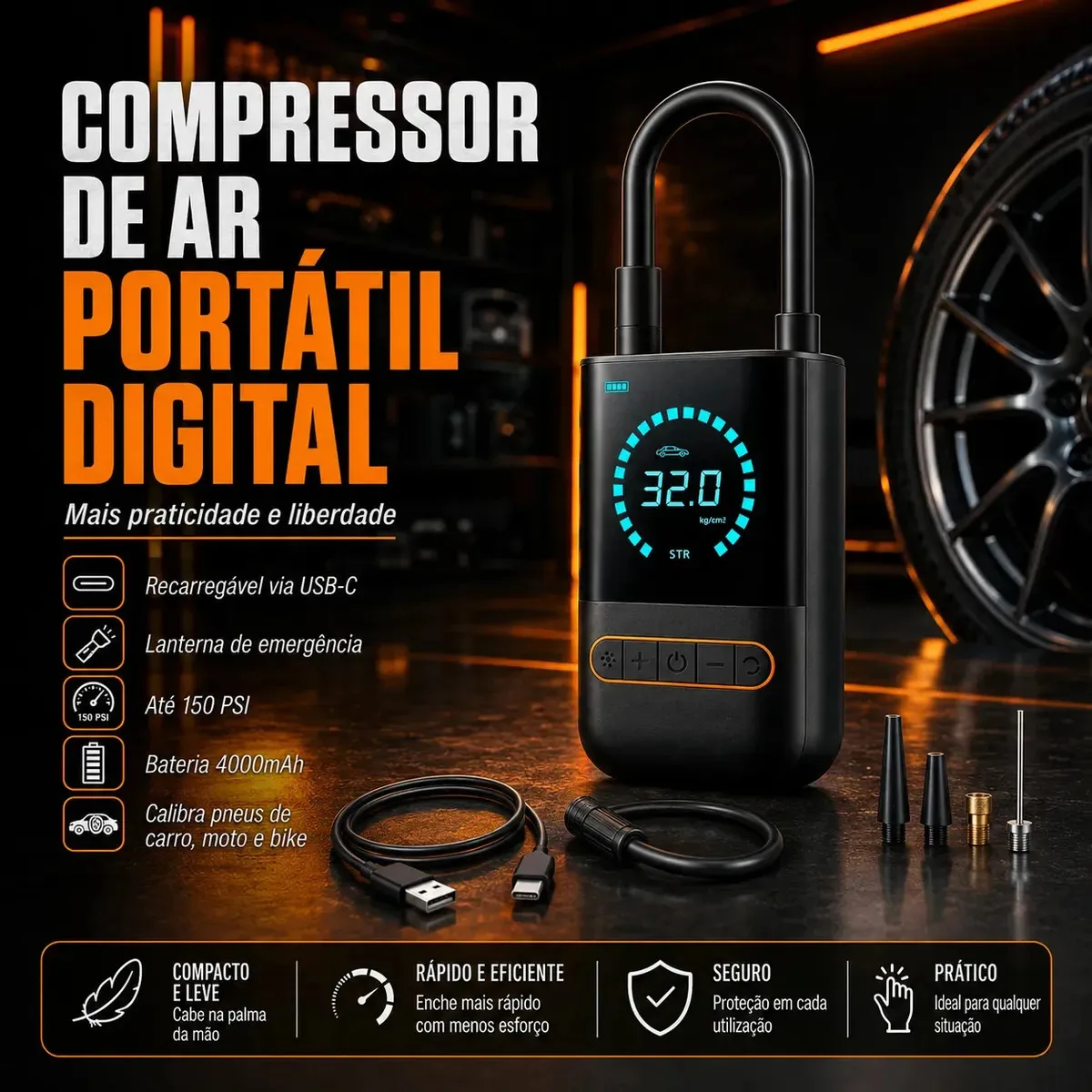Compressor de ar portátil recarregável para pneus
