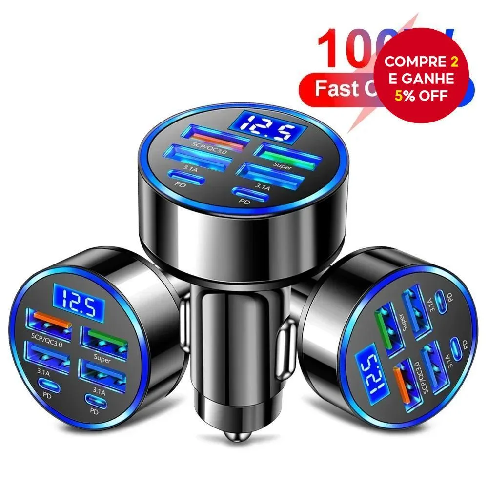 Carregador veicular com 6 portas USB