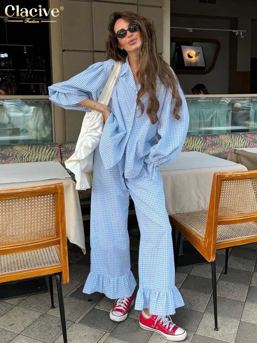 Conjunto feminino de camisa e calça em algodão xadrez
