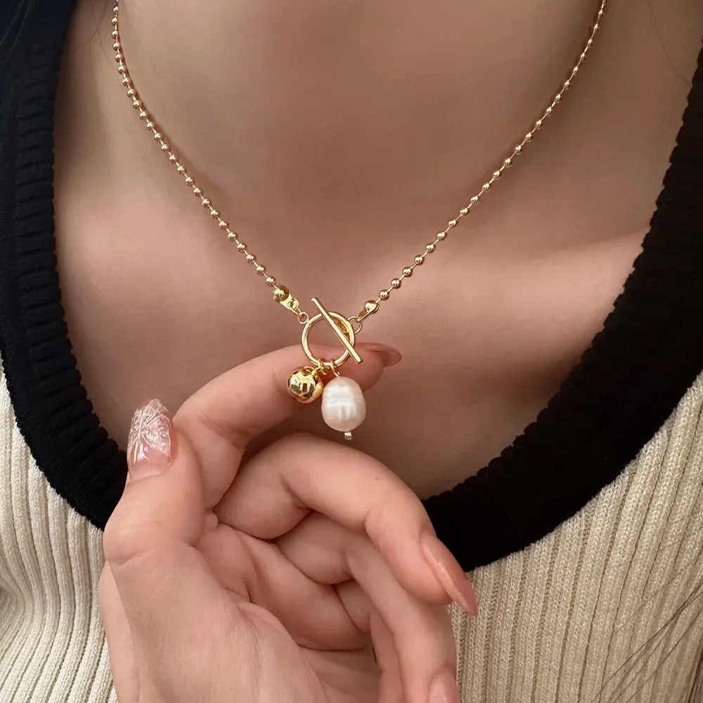 Colar feminino de aço inoxidável com pérola barroca