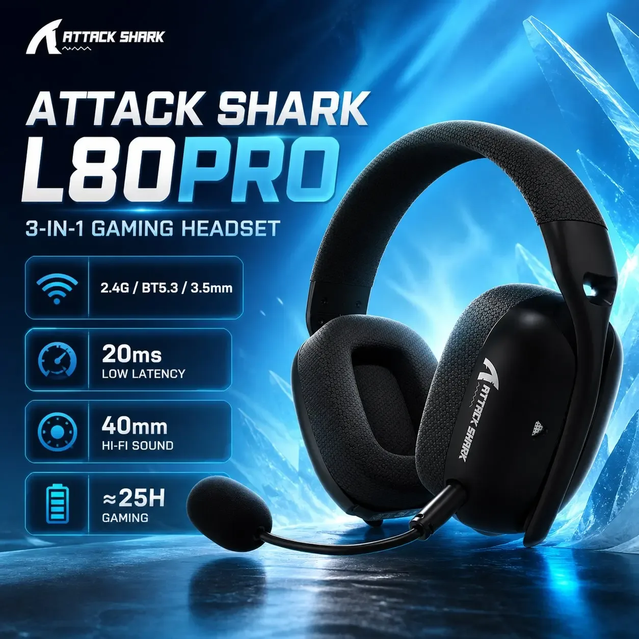 Headset gamer sem fio Attack Shark L80Pro