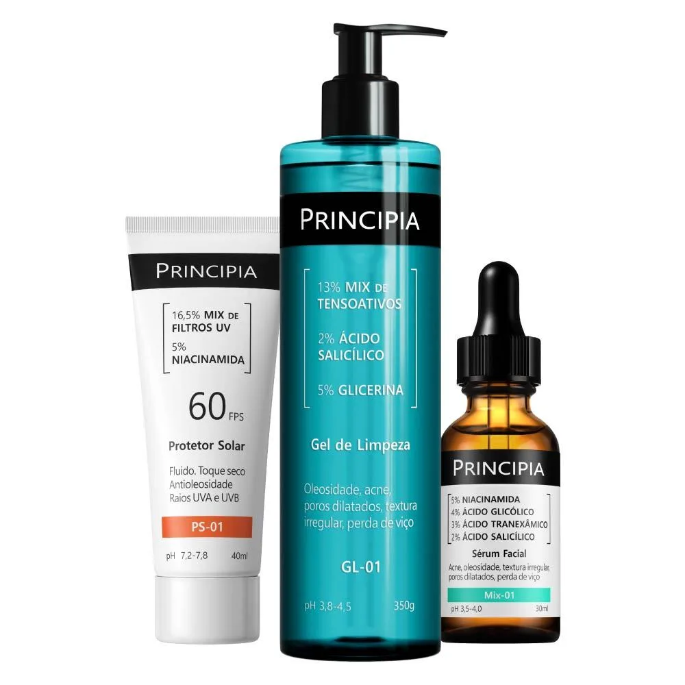 Principia Kit Anti-Acne Trio com Gel de Limpeza GL-01 + Sérum Mix-01 + Protetor Solar Facial PS-01 FPS 60