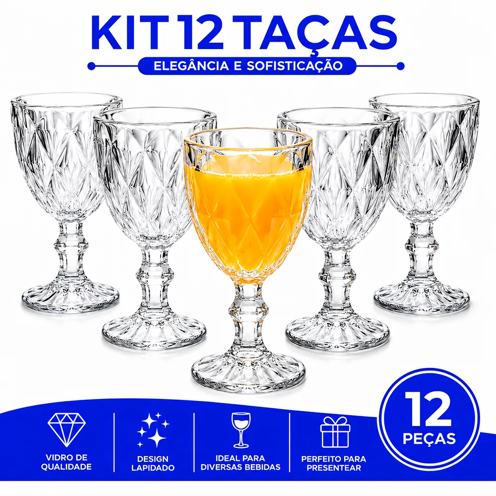 Jogo Taças Vidro Diamond Bico Jaca Abacaxi Conjunto Taça Para Água Vinho Tinto Suco Diamante