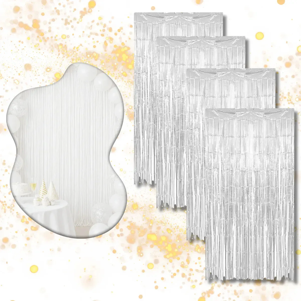 Kit com 4 cortinas metalizadas brancas para festa
