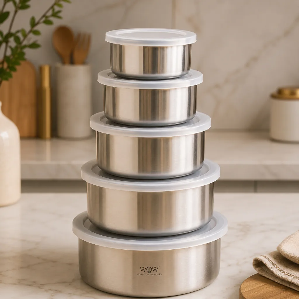 Conjunto de potes de inox com cinco andares