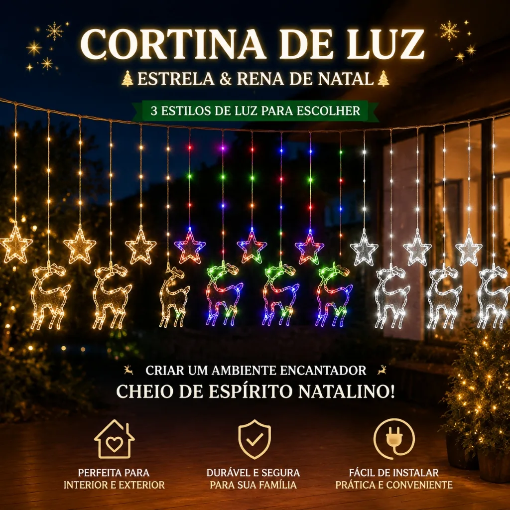 Cortina de luz natalina LED com estrela de 5 pontas